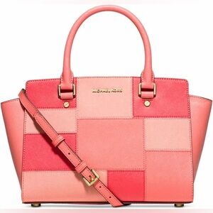 ✨Michael Kors Md Selma Patchwork Leather Satchel/Handbag in RARE PinkGrapefruit